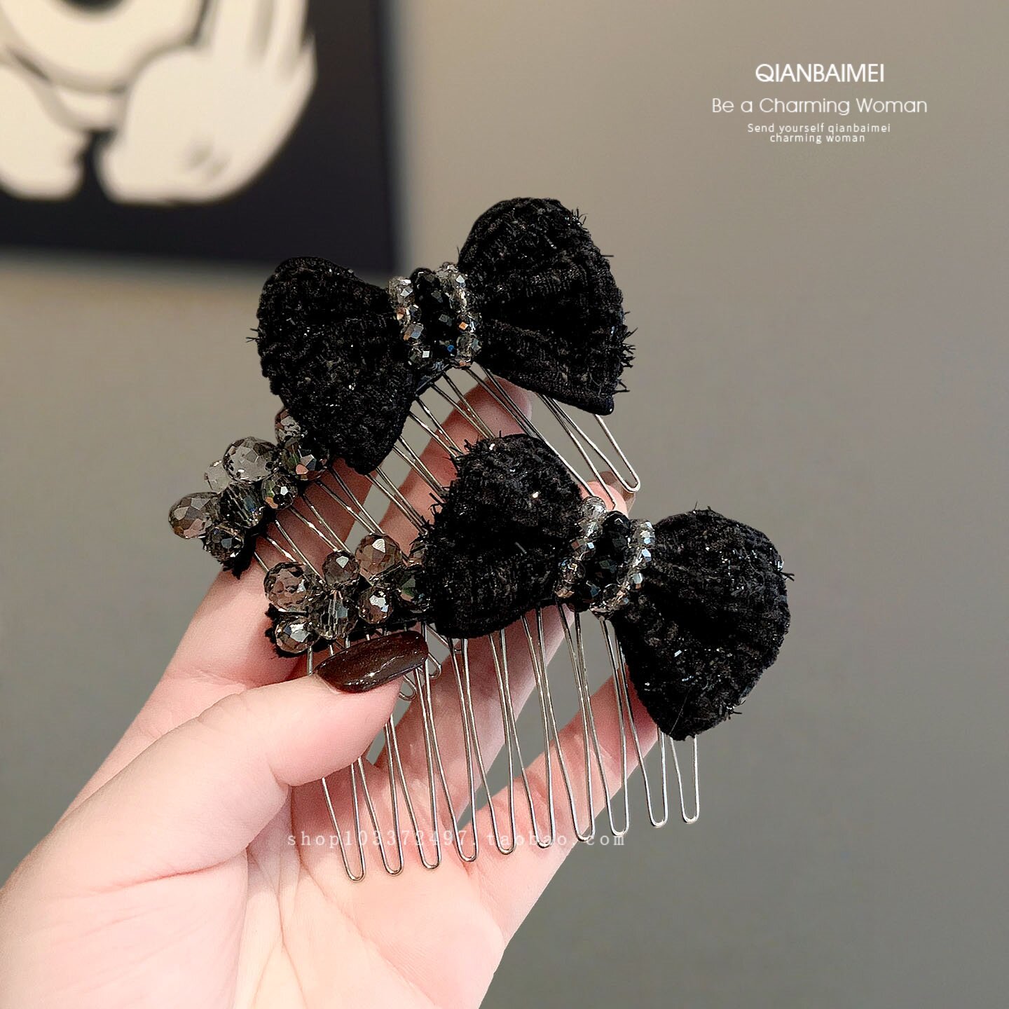 韩系毛呢蝴蝶结水晶发梳