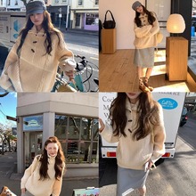 aaaaxbbb同款济州橙酒麻花针织毛衣套头纽扣高领2way休闲韩系上衣