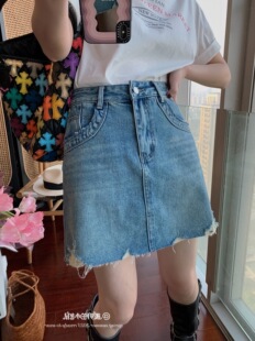 富尔大码定制女装肥妹妹mm水洗磨破牛仔半身裙夏高腰显瘦包臀短裙