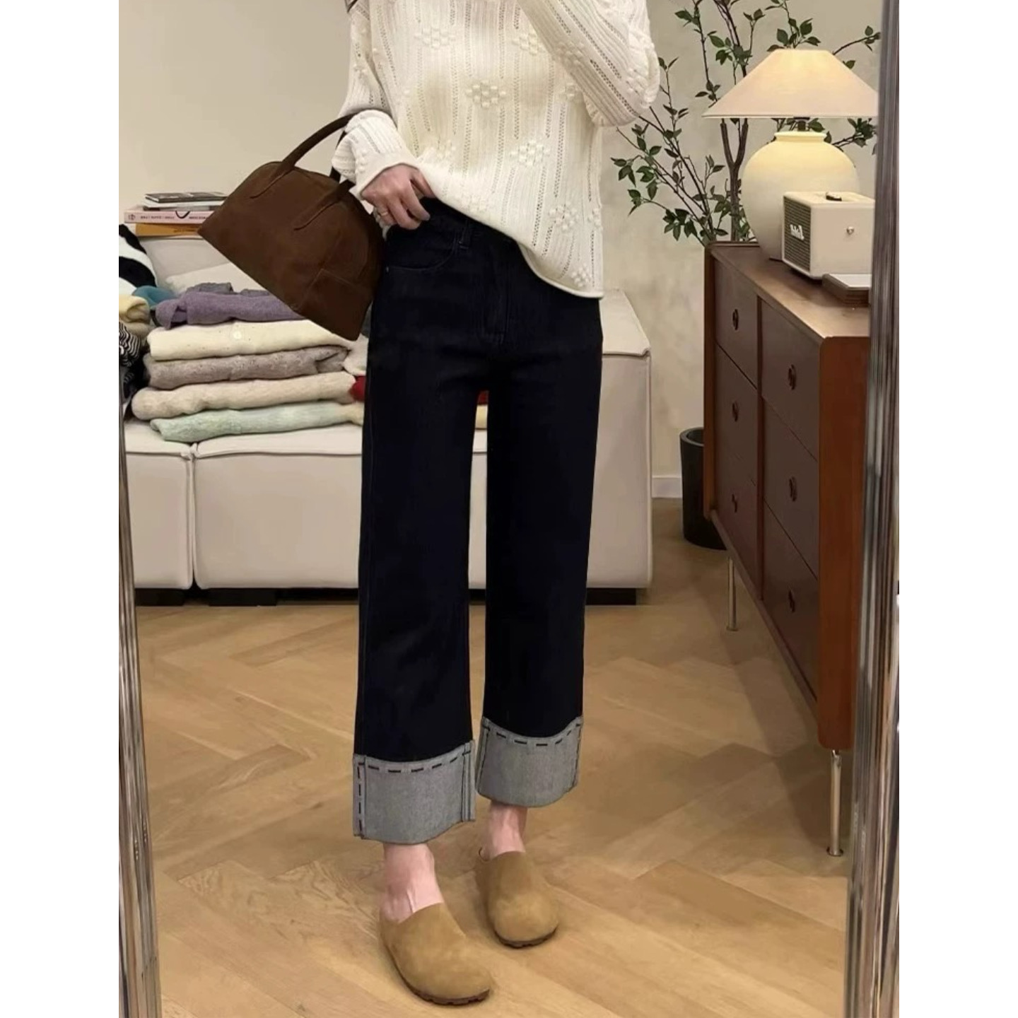 富尔大码定制女装肥妹妹mm黑色牛仔秋季高腰宽松显瘦直筒九分裤子