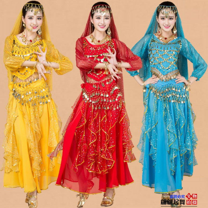 印度舞演出服肚皮舞练习服装新款成人长袖彩点裙子舞台表演服套装