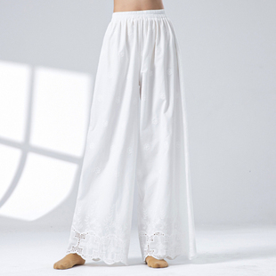 女纯棉内搭镂空立体浮雕花边刺绣宽松旗袍衬裤日常白色练功禅意裤