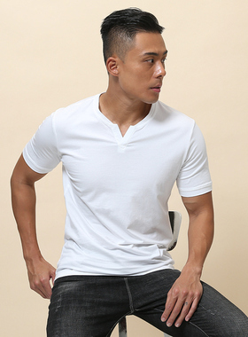 棉开V筒男士短袖亨利领凉感美式复古上衣薄款高端硬汉纯色T恤修身