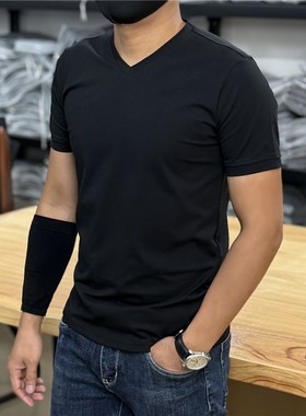 2025年夏季新款V领短袖t恤男时尚透气凉爽男士纯色上衣半袖打底衫