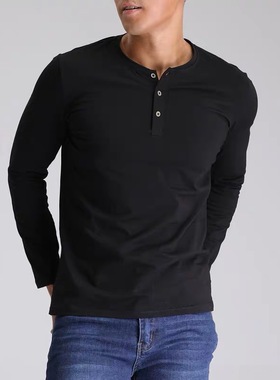 男士硬汉风美式男亨利领门筒舒适纯色修身长袖帅炸打底衫t恤上衣