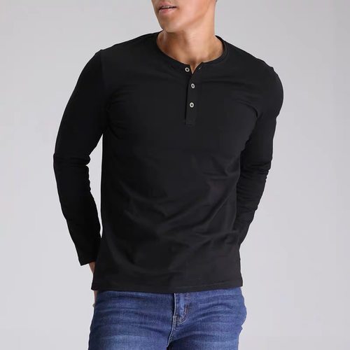 男士硬汉风美式男亨利领门筒舒适纯色修身长袖帅炸打底衫t恤上衣