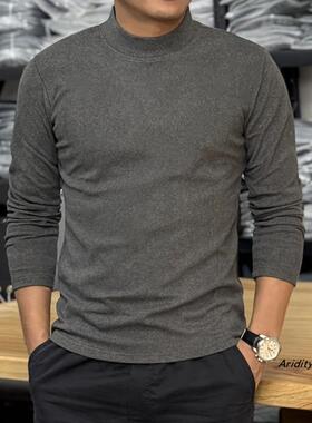长袖美式复古重磅双面绒修身弹力半高领T恤内搭打底衫秋冬保暖男