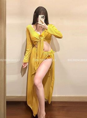 大码胖女孩2025新款泳衣女分体比基尼四件套黄色长袖防晒罩衫长裙