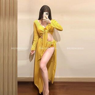 防晒罩衫 泳衣女分体比基尼四件套黄色长袖 长裙 胖女孩2025新款 大码