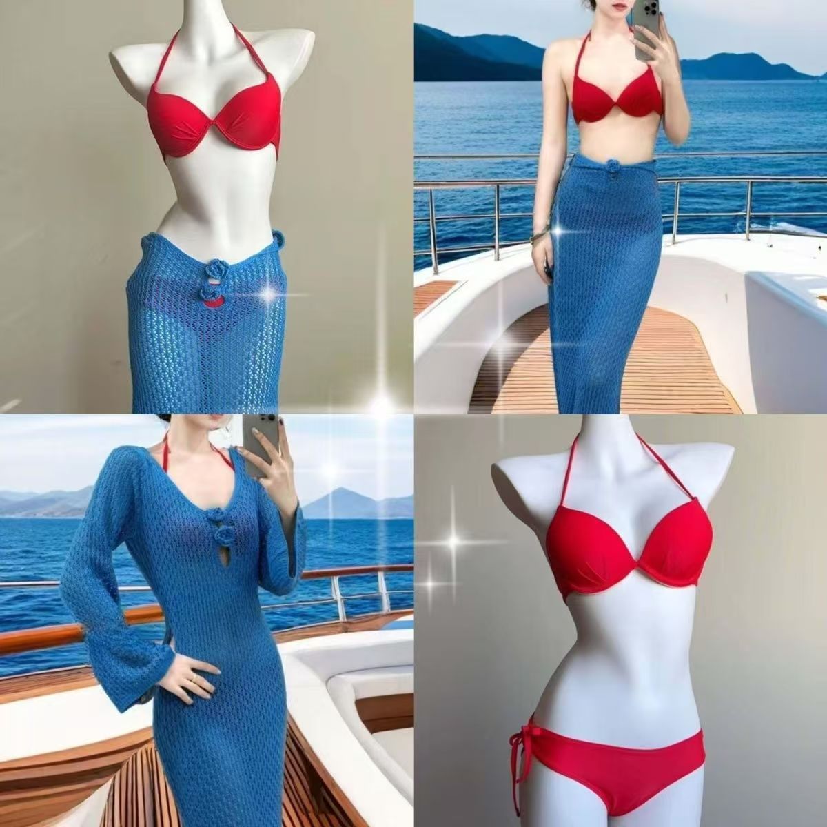 欧美夏季新款沙滩裙女纯色性感辣妹针织镂空沙滩比基尼泳衣罩衫