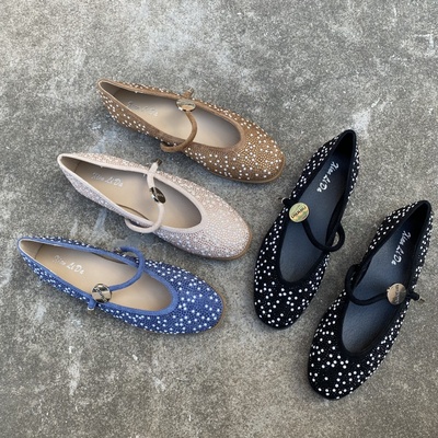 玛丽珍一字带平底鞋水钻浅口单鞋