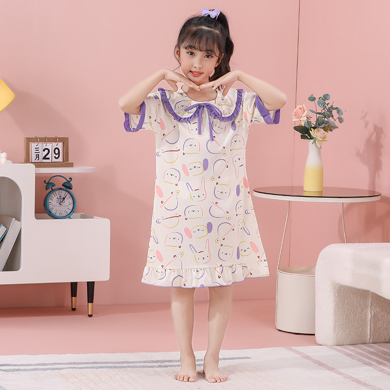 夏季女童睡裙牛奶丝可爱卡通连衣裙中大童女孩可外穿家居服睡衣
