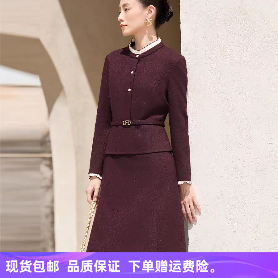 【绵羊毛】2025秋冬新款商场同款时尚简约花边立领假两件连衣裙子