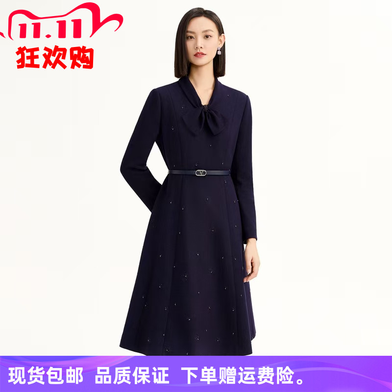 娜家商场同款25秋冬新款时尚简约气质显瘦绵羊毛连衣裙（配腰带）