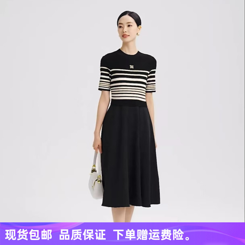 25早秋季新款商场同款时尚气质针织条纹拼接黑色修身简约连衣裙子