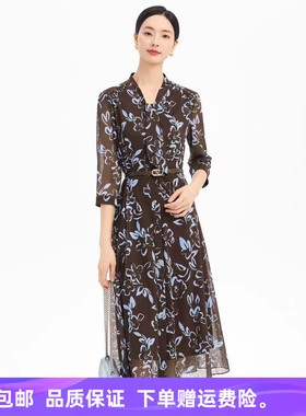 【商场同款】娜家25秋新品气质V领印花连衣裙（配腰带）NF10527R5