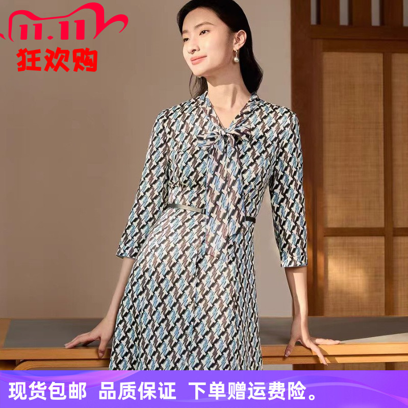 商场同款25年春夏新款时尚印花气质系带A字显瘦连衣裙子NF08359M2