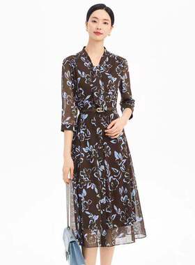 【商场同款】娜家25秋新品气质V领印花连衣裙（配腰带）NF10527R5