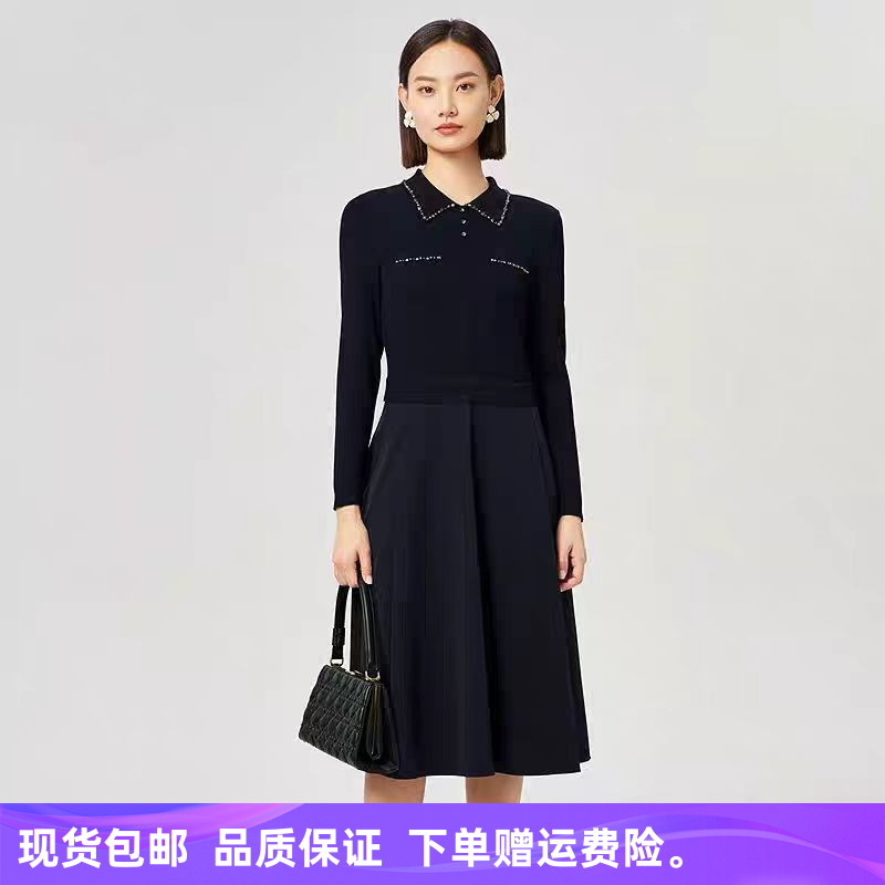 2025年秋季新款时尚简约气质优雅针织拼接长袖连衣裙子NF10476A4