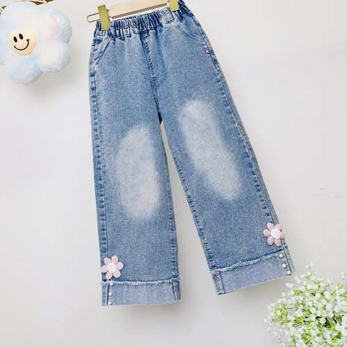 女童牛仔裤春秋中大通直筒裤宽松