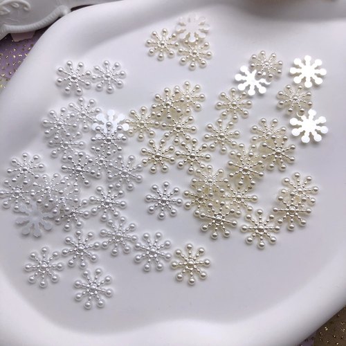 手工DIY自制作仿珍珠米白雪花贴片平底装发饰配件材料尺寸15m m