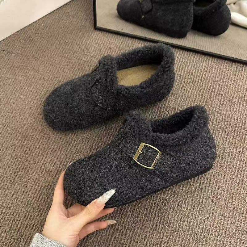 品牌毛绒勃肯鞋女冬季加绒保暖一脚蹬灰色豆豆防滑软底棉鞋女保暖