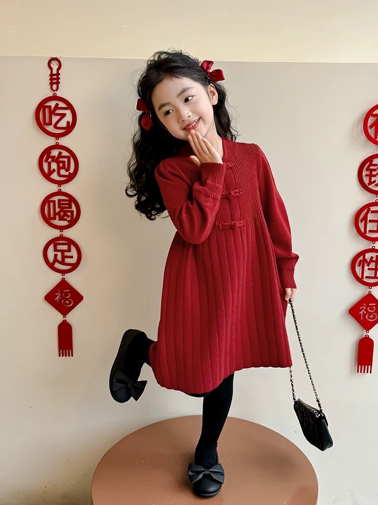 新中式本命年女童连衣裙儿童公主裙女孩洋气裙子红色秋冬新款过年