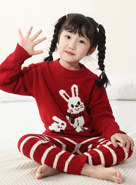 儿童睡衣女孩2026新款秋冬保暖加厚套装女童半边绒珊瑚绒家居服冬