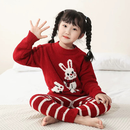 儿童睡衣女孩2024新款秋冬保暖加厚套装女童半边绒珊瑚绒家居服冬