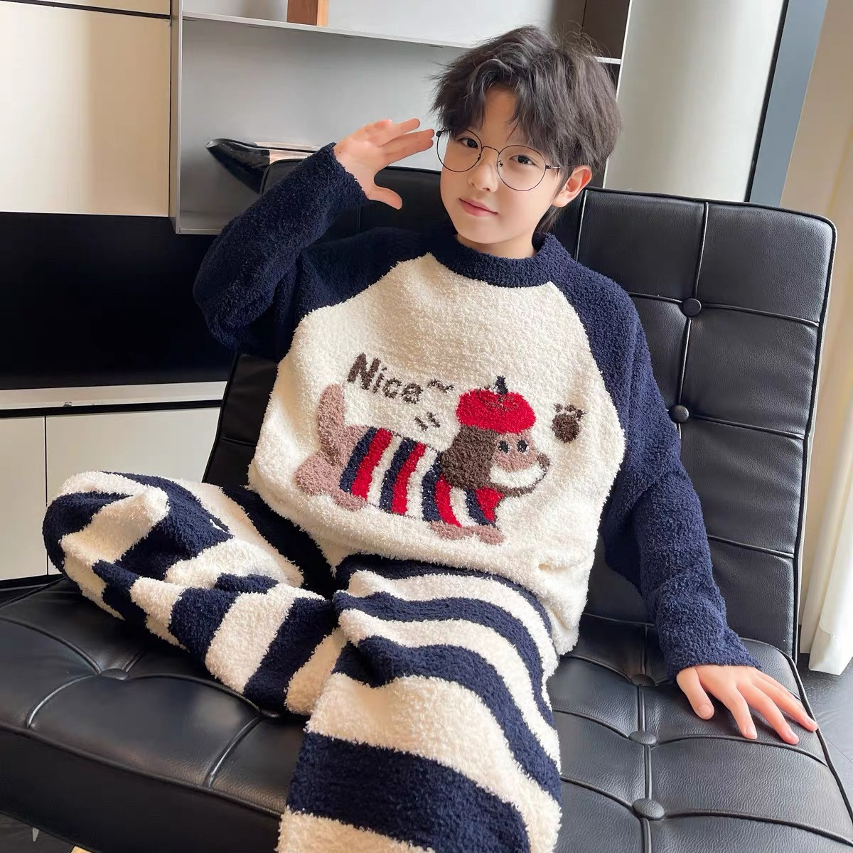 半边绒亲子装毛绒外穿宽松居家休闲男女中大童家居服冬季加厚套装