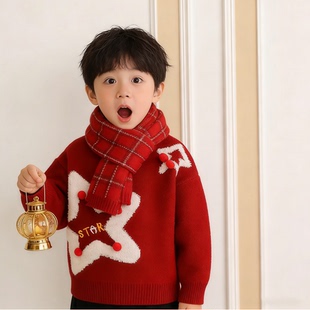 五角星红色毛衣加厚童男童冬季拜年新年针织套头圆领长袖保暖
