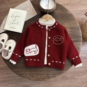 2026秋装 外套红色小 婴幼儿童女宝宝高级感撞色搭配绣花棉纱针织衫