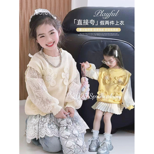 2025春秋季 女童韩国童装 洋气儿童花朵针织马甲上衣假两件蕾丝甜美