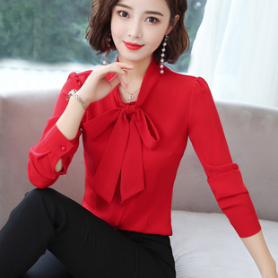 修身 雪纺衬衫 韩版 2026春夏新款 显瘦气质蝴蝶结系带职业衬衣 女长袖