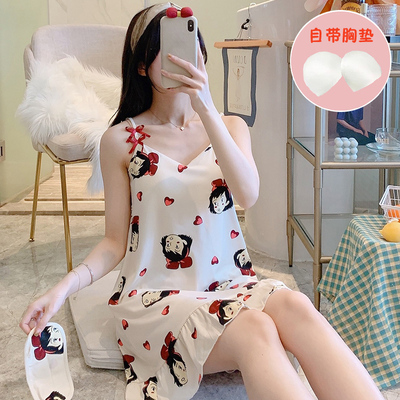 带胸垫睡裙女夏季中长款吊带裙睡衣女卡通可爱2026新款纯棉家居服
