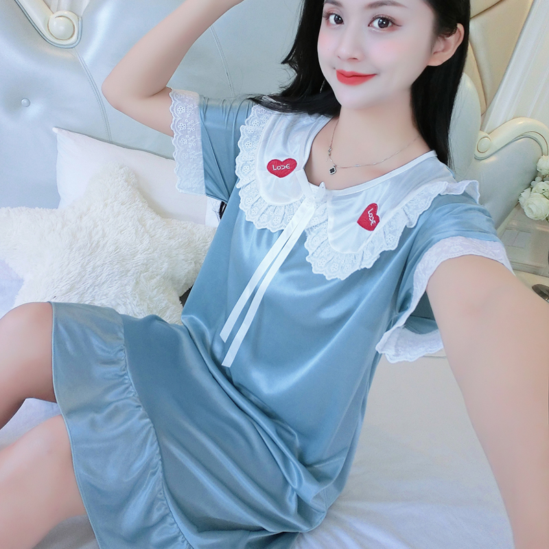 冰丝绸中长款睡裙女夏季薄款短袖睡衣女可爱甜美公主风韩版家居服图片