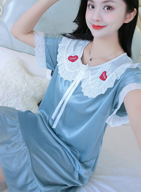 冰丝绸中长款睡裙女夏季薄款短袖睡衣女可爱甜美公主风韩版家居服