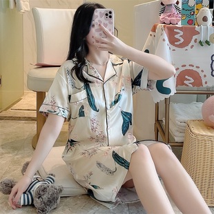 连衣裙家居服 宽松加大码 冰丝睡裙女夏季 短袖 仿真丝绸性感翻领开衫