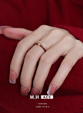 新款个性小众宫廷风红色交错镶钻