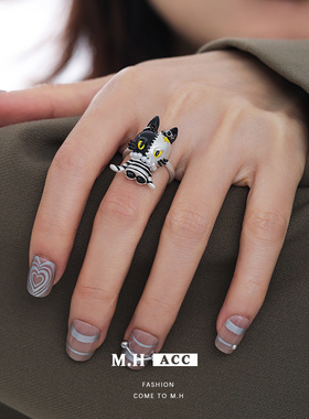 新款个性小众甜酷风机器猫戒指女