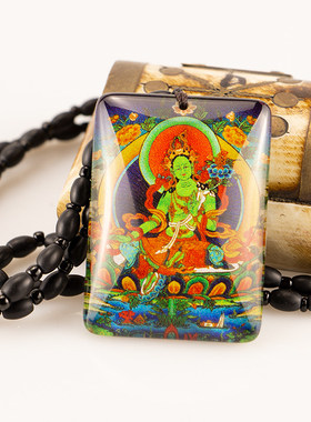 新款唐卡项链手绘绿度母白度母黄财神水晶内绘佛牌吊坠包邮