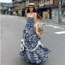 现货  法式设计感藏青色底白色蔷薇碎花吊带连衣裙气质长裙