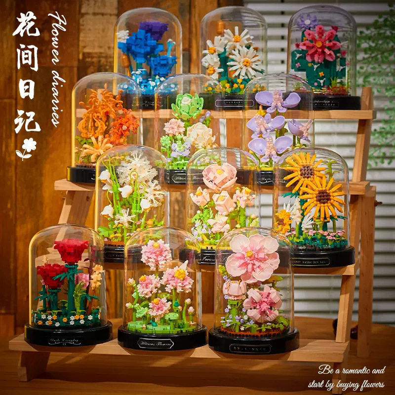 兼容乐高小颗粒积木花diy拼装玩具音乐盒玫瑰桌面摆件情人节礼物