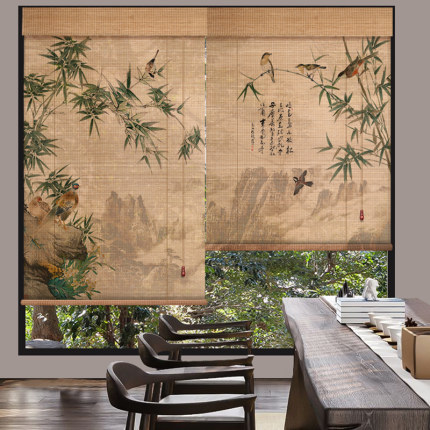 印花竹帘卷帘茶室隔断门帘新中式遮光遮阳国风背景墙装饰挂画窗帘