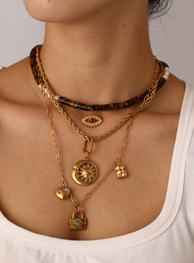 埃及李阿姨中东18K镀金太阳花天然石恶魔之眼项链eye18Knecklace