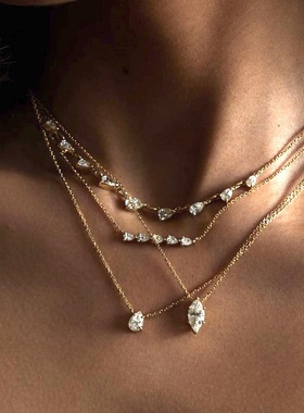 欧美风ins饰品钻石吊坠项链电镀18K不锈钢叠戴锁骨链锆石necklace