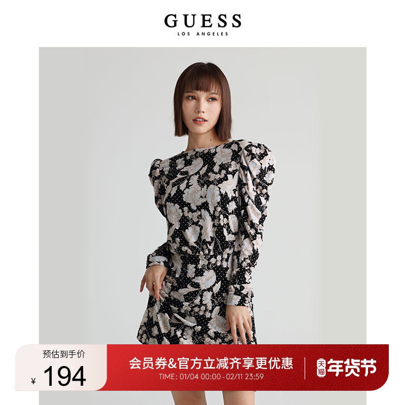 GUESS女士宽肩廓形复古个性设计感潮流碎花连衣裙,女装/女士精品,连衣裙,淘宝优惠券,粉丝福利购,淘宝优惠卷