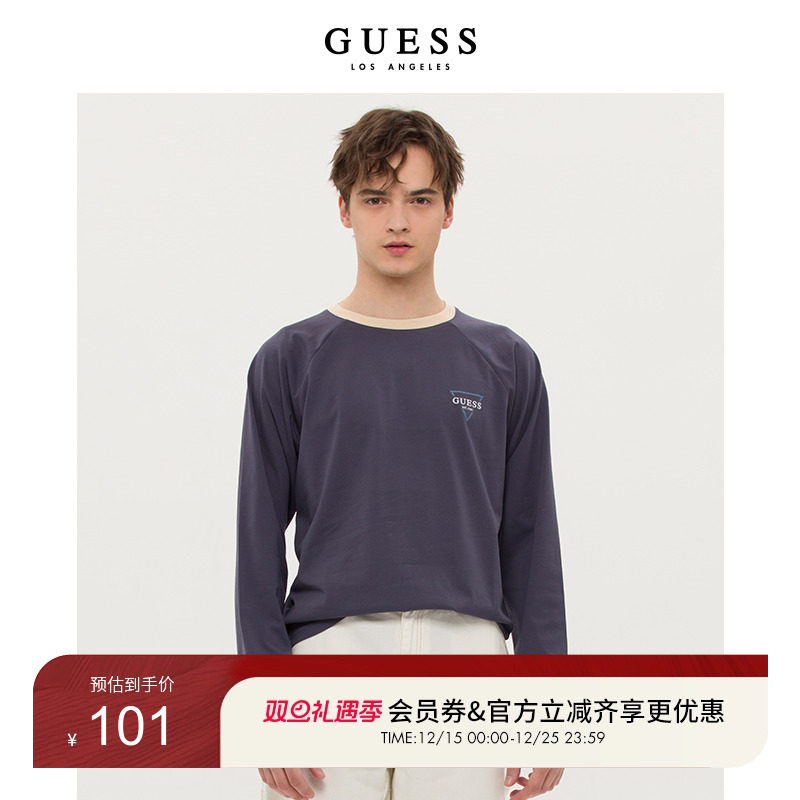 GUESS潮流撞色圆领宽松长袖T恤