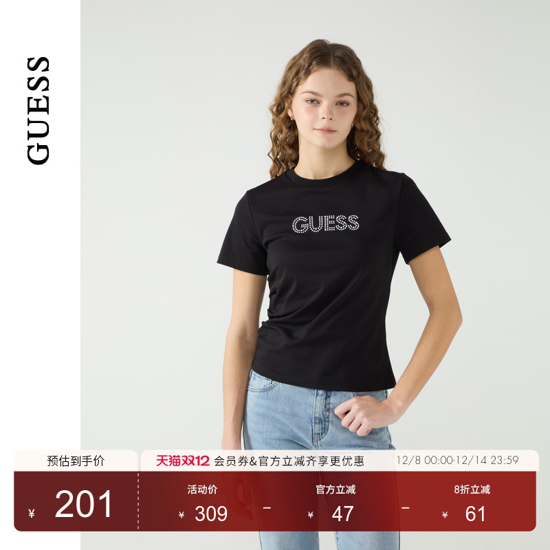 GUESS抽褶设计印花圆领短袖T恤