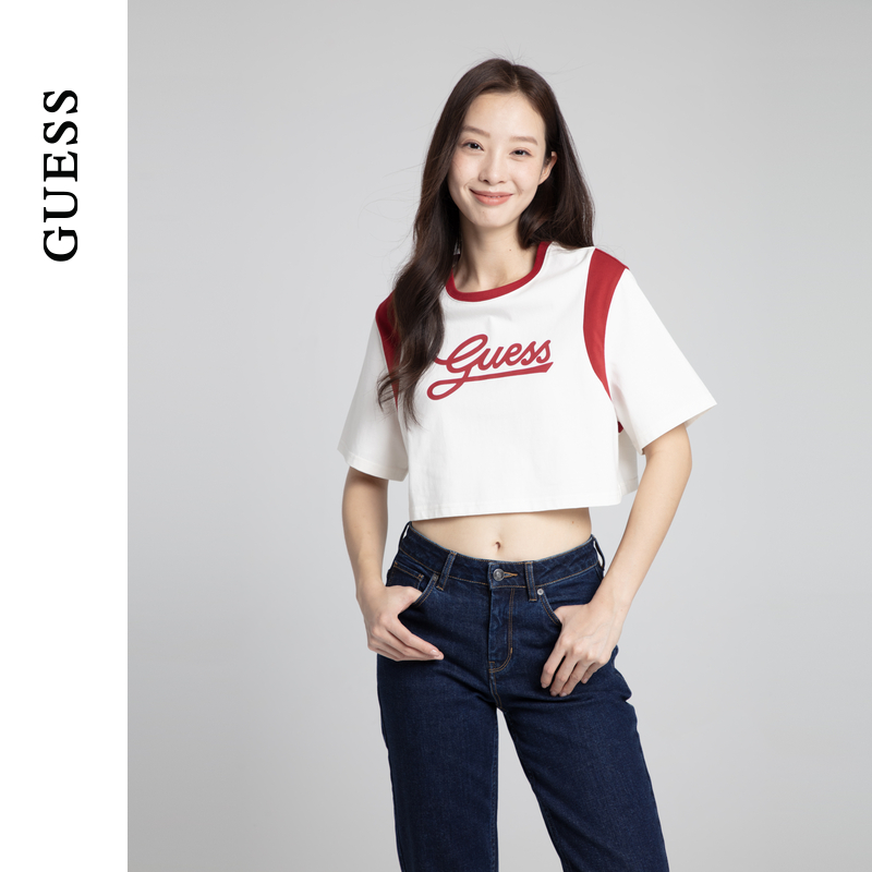 GUESS女士经典logo辣妹短款圆领撞色T恤-W4PP85K2Q40